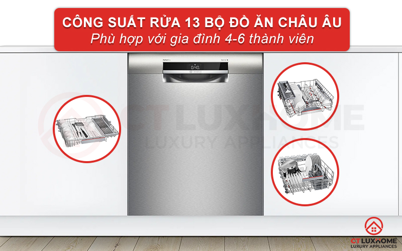 Công suất rửa tối đa của máy rửa chén Bosch SMU6ZDI76S có thể đạt đến 13 bộ đồ ăn