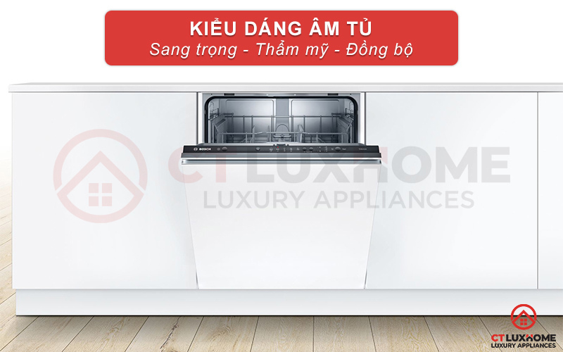 Kiểu dáng âm tủ máy rửa bát Bosch SMV25BX03R mang lại vẻ sang trọng, hiện đại cho căn bếp