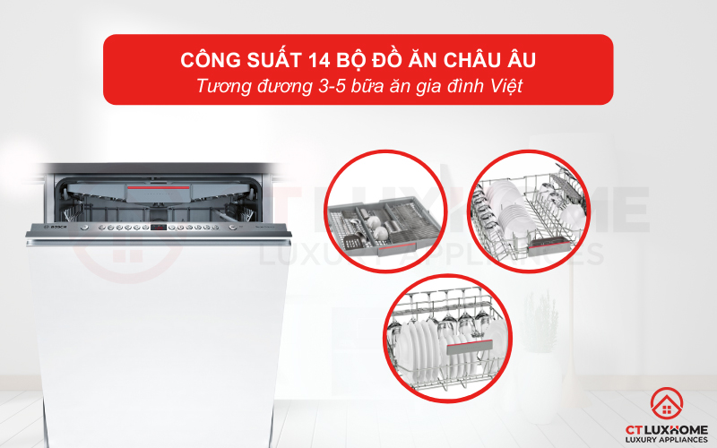 Máy rửa bát Bosch SMV46MX03E có công suất rửa lên tới 14 bộ đồ ăn Châu Âu