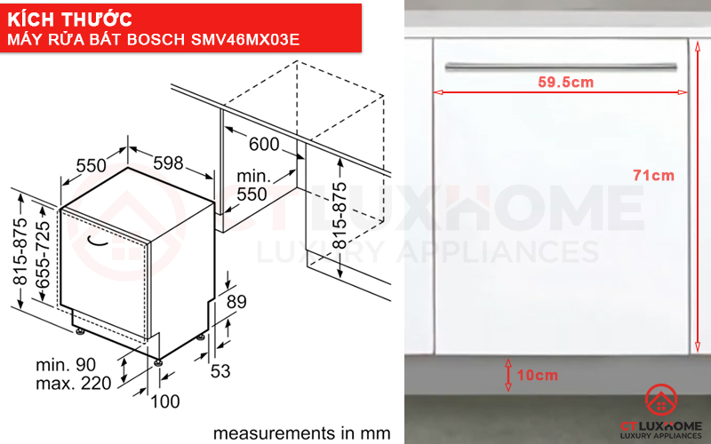 Kích thước máy rửa bát Bosch âm tủ SMV46MX03E và tấm ốp gỗ