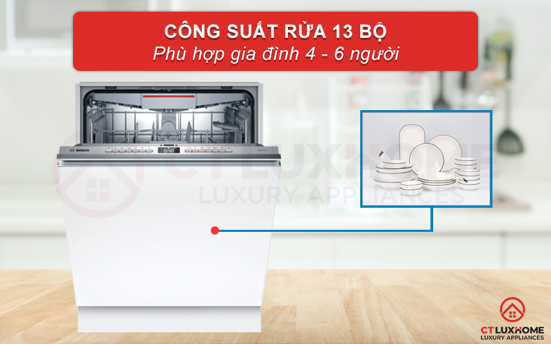 Công suất rửa tối đa 13 bộ đồ ăn phù hợp với gia đình 3 thế hệ với 4-6 thành viên