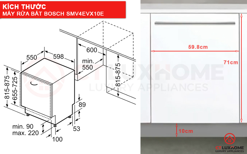 Kích thước máy rửa bát âm tủ SMV4EVX10E và tấm ốp gỗ 