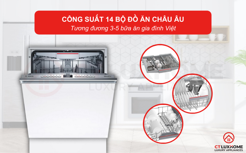 Công suất rửa của máy rửa bát Bosch SMV4HCX48E có thể đạt tối đa 14 bộ đồ ăn.