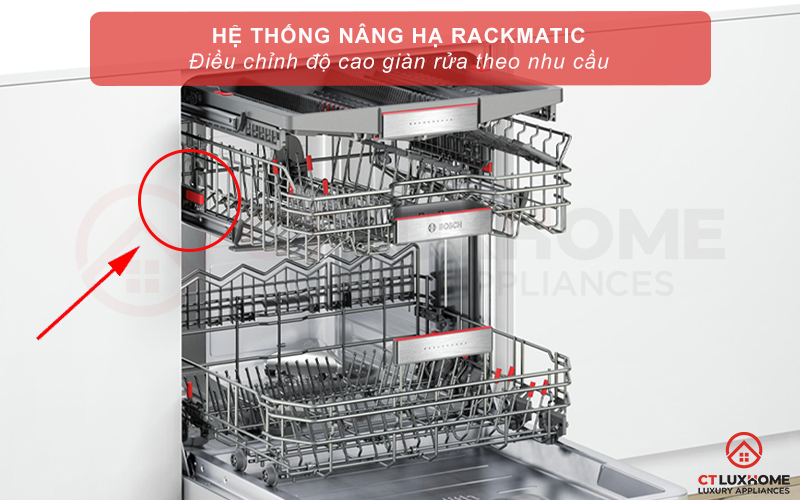 Hệ thống nâng hạ Rackmatic điều chỉnh giàn rửa theo từng kích cỡ xoong nồi bát đĩa,...