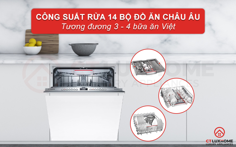 Dung tích lớn, công suất rửa 14 bộ phù hợp với gia đình 4-6 thành viên