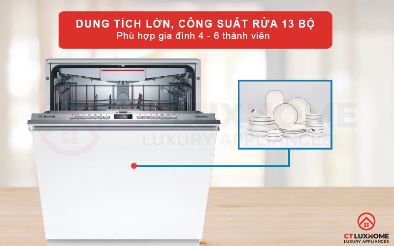Công suất rửa tối đa 14 bộ đồ ăn Châu Âu phù hợp với gia đình 4 - 6 thành viên