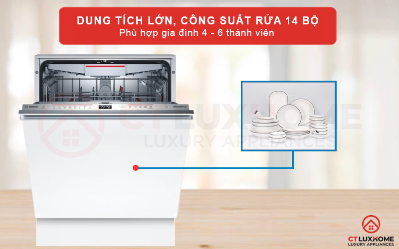 Dung tích chứa lớn với khả năng rửa tối đa 14 bộ đồ ăn Châu  u tương đương 3-4 bữa ăn Việt