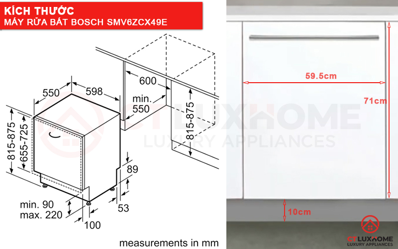 Kích thước máy rửa bát Bosch SMV6ZCX49E và tấm ốp gỗ.