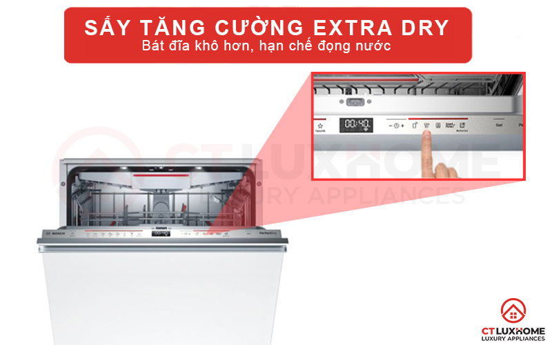 Chức năng sấy tăng cường Extra Dry cho bát đĩa khô hơn, hạn chế đọng nước