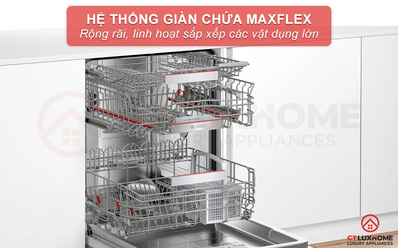 Thiết bị rửa bát SMV6ZDX49E serie 6 được trang bị hệ thống giỏ chứa Max Flex lòng sâu