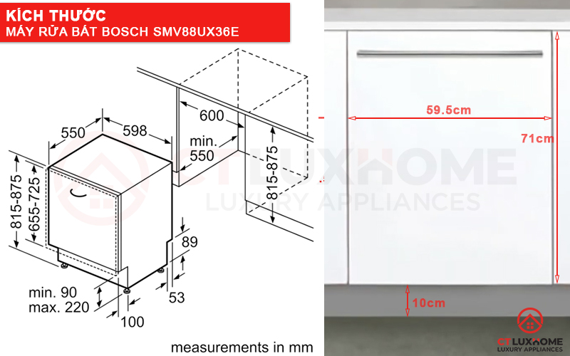 Kích thước máy rửa bát Bosch SMV88UX36E và tấm ốp gỗ