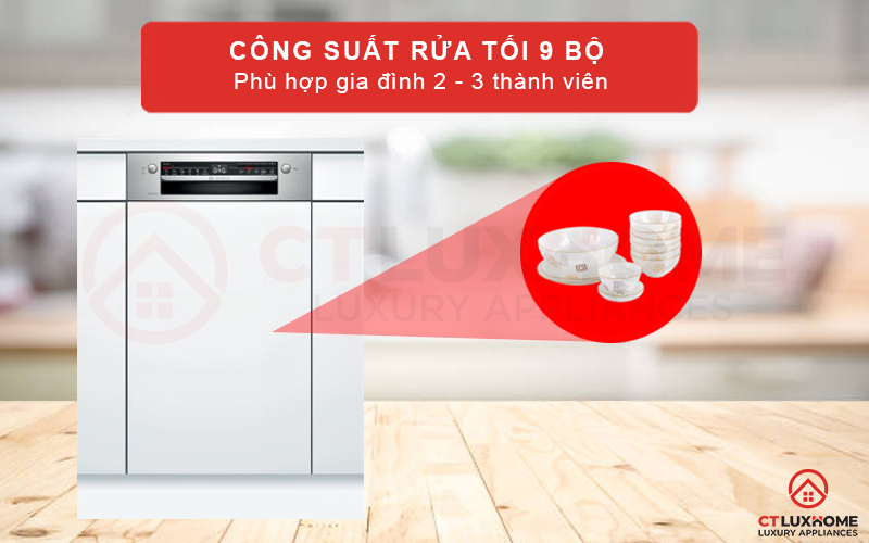 Công suất rửa 9 bộ đồ ăn châu  u tương đương 2 - 3 bữa ăn Việt