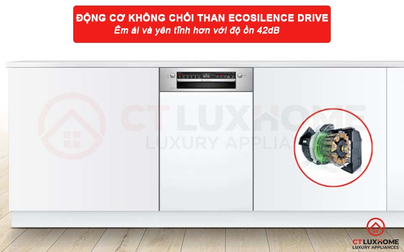  Độ ồn của máy rửa bát Bosch SPI2HKS59E chỉ 42dB nhờ động cơ EcoSilence Drive. 