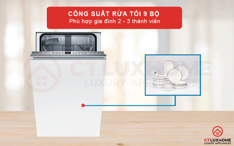 Công suất rửa tối đa 9 bộ đồ ăn châu  Âu tương đương với 3 - 4 bữa ăn Việt phù hợp với gia đình 2 - 3 thành viên