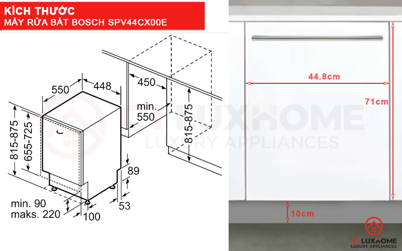Kích thước máy rửa bát Bosch SPV44CX00E và tấm ốp gỗ.