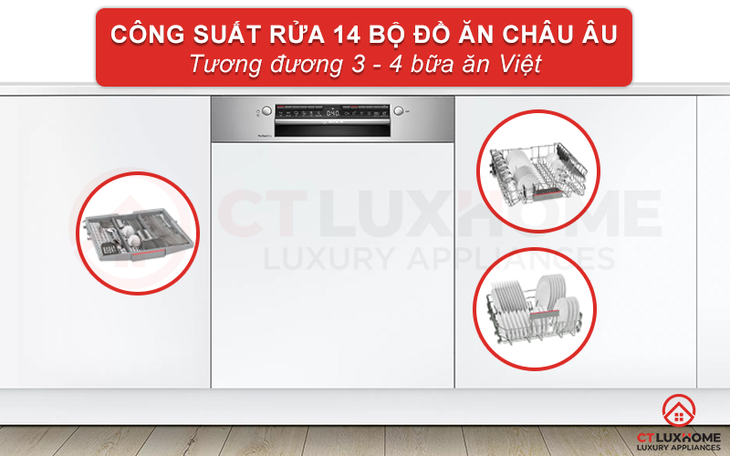 Công suất rửa tối đa của máy rửa chén Bosch có thể đạt đến 14 bộ đồ ăn