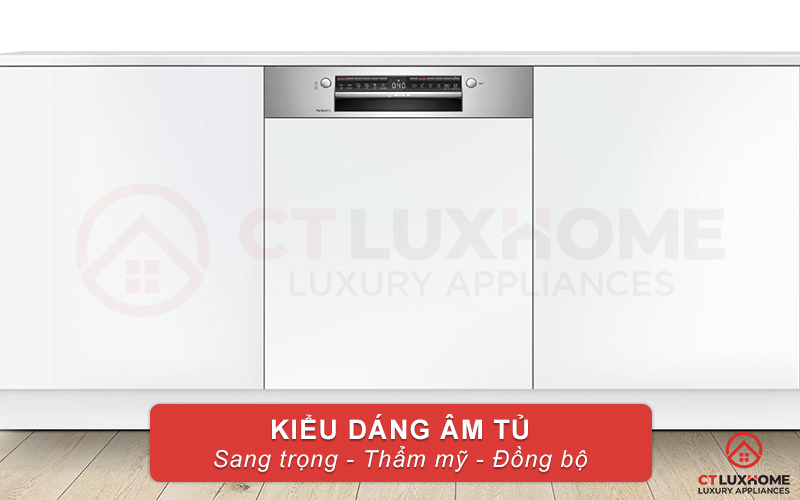 Máy rửa bát Bosch SMI6TCS00E có kiểu dáng âm tủ sang trọng và thẩm mỹ.