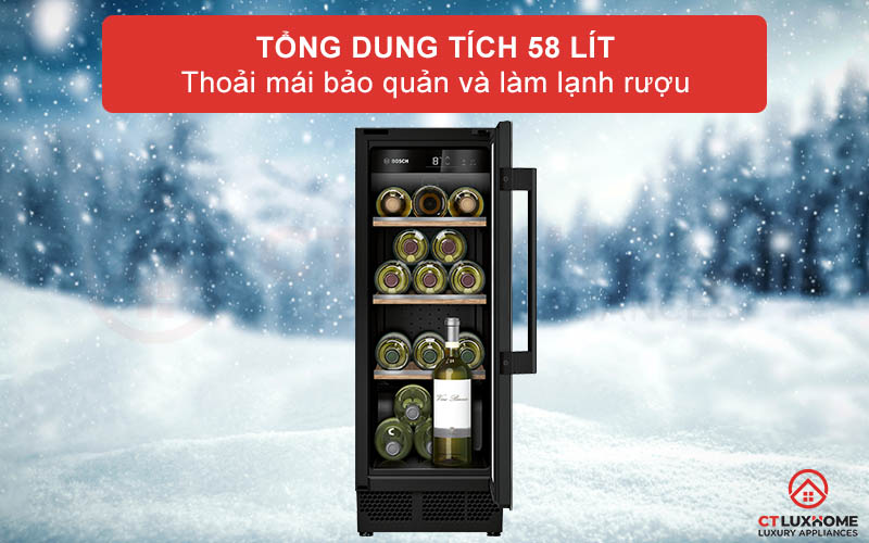 Tủ rượu Bosch KUW20VHF0 có dung tích chứa 58 lít có thể cất giữ được 21 chai rượu vang 0.75 lít