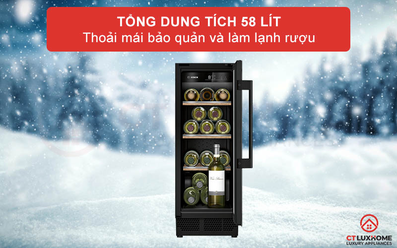 Tổng dung tích đến 58 lít cho bạn thoải mái bảo quản những chai rượu vang của mình