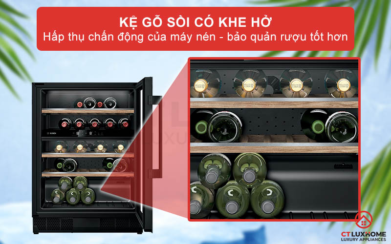 Bảo quản rượu tốt hơn với thiết kế kệ gỗ sồi có khe hở và làm mát bằng máy nén