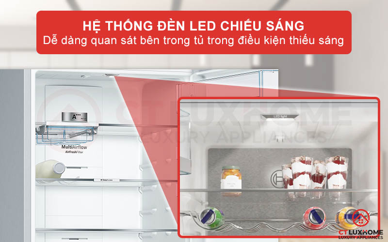 Bên trong khoang tủ lạnh KGN56LB40O được trang bị thêm đèn LED chiếu sáng đồng đều