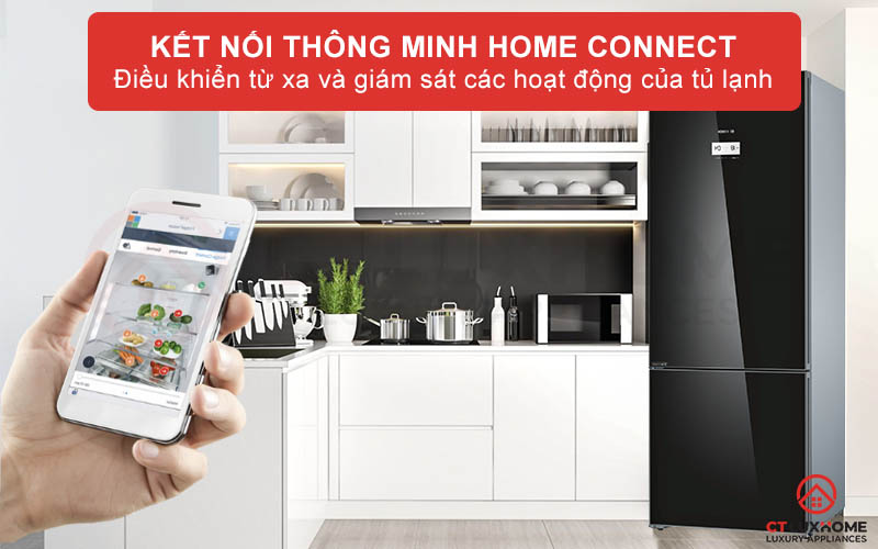 Ứng dụng Home Connect thiết bị tủ lạnh Bosch KGN56LB40O được kết nối với điện thoại di động