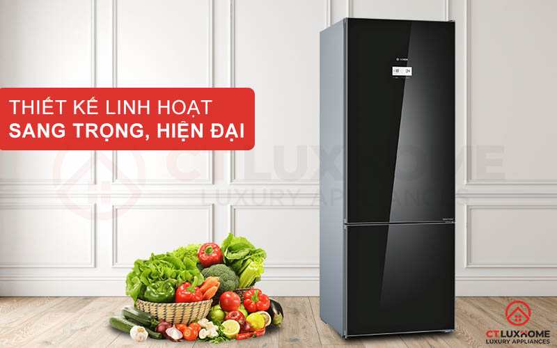 Tủ lạnh Bosch KGN56LB40O serie 6 có thiết kế sang trọng với tấm kính sáng bóng trên bề mặt
