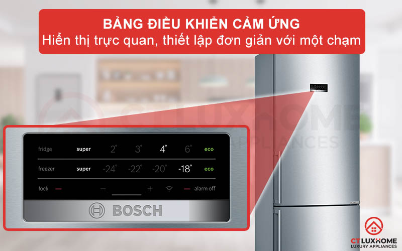 Bảng điều khiển của  tủ lạnh Bosch KGN56XI40J cảm ứng một chạm để thuận tiện tùy chỉnh nhiệt độ của tủ lạnh và tủ đông riêng biệt