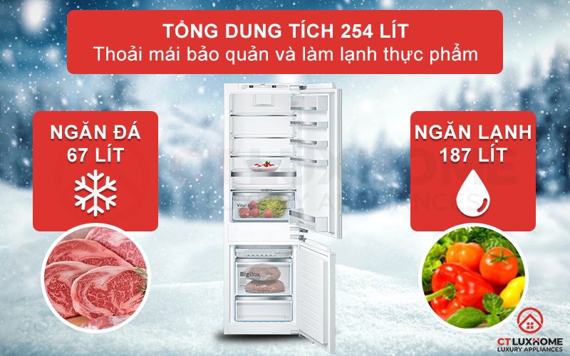 Dung tích chứa lên đến 254 lít có thể đáp ứng nhu cầu gia đình có 4-5 thành viên