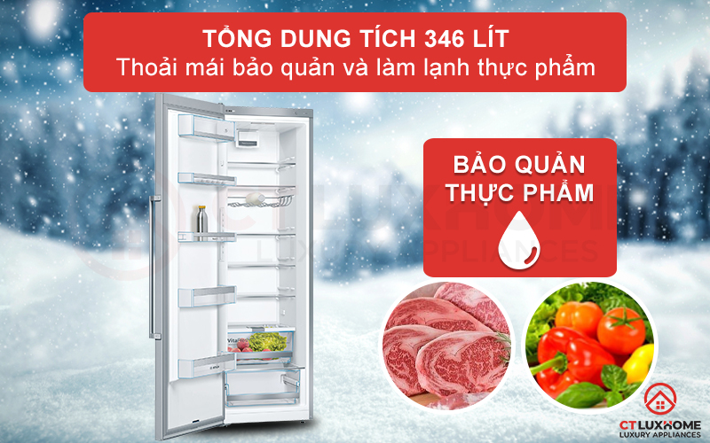 Dung tích lên đến 346 lít, thoải mái lưu trữ và bảo quản thực phẩm