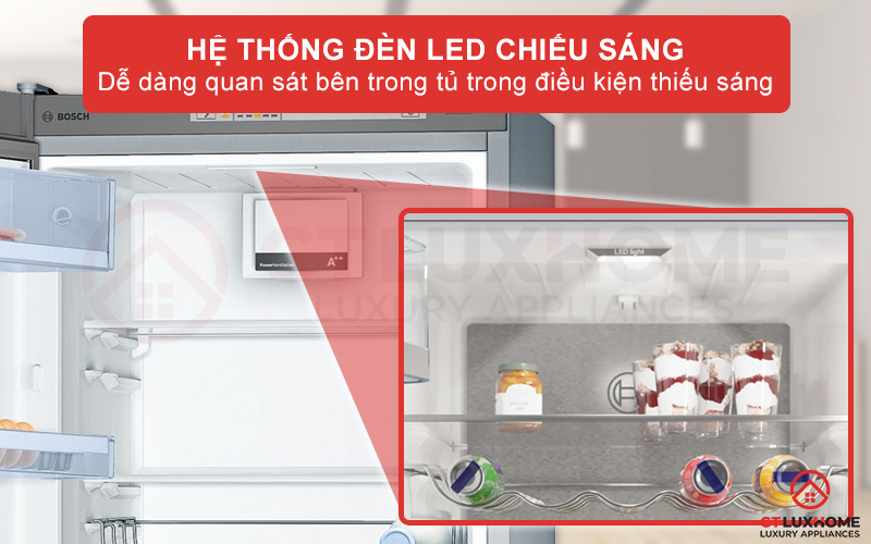 Hệ thống đèn LED chiếu sáng, giúp dễ dàng quan sát bên trong tủ lạnh