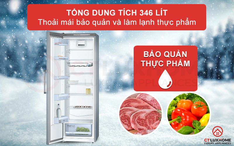Dung tích lên đến 346 lít, thoải mái lưu trữ và bảo quản thực phẩm