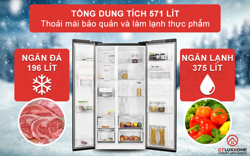 Tổng dung tích đến 571 lít cho bạn thoải mái bảo quản và làm lạnh thực phẩm