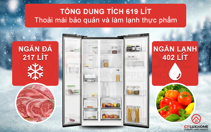 Tổng dung tích đến 619 lít cho bạn thoải mái bảo quản và làm lạnh thực phẩm