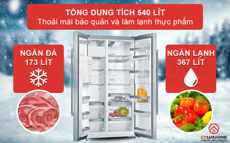 Tổng dung tích đến 540 lít cho bạn thoải mái bảo quản và làm lạnh thực phẩm