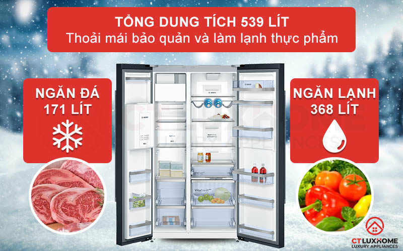 Dung tích tủ lạnh lớn, thoải mái sức chứa thực phẩm cho cả gia đình