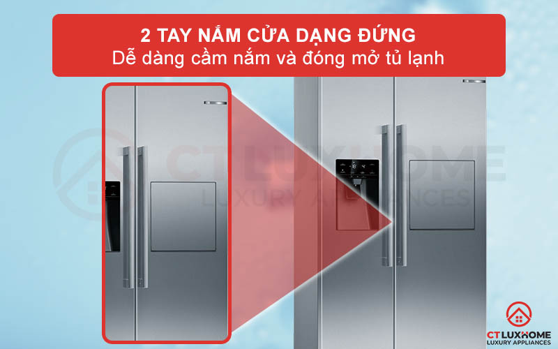 Tủ lạnh được trang bị 2 tay nắm cửa dọc bằng nhôm