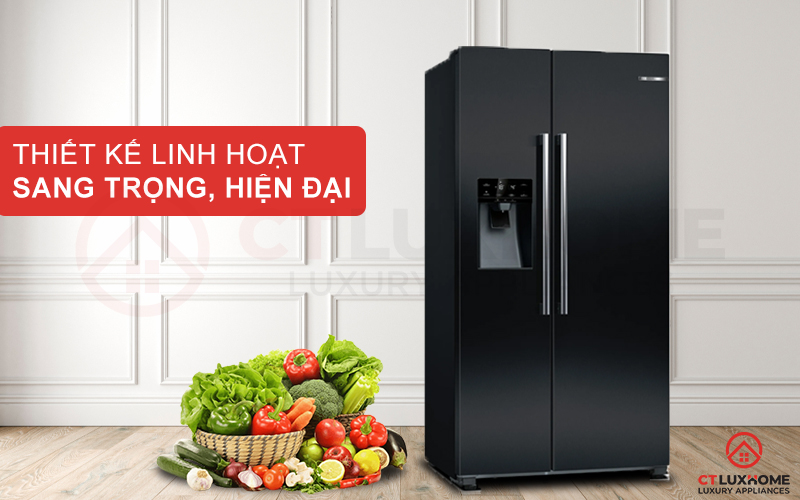 Tủ lạnh Bosch KAI93VBFP sở hữu thiết kế sang trọng với 2 cánh cửa tủ đi cùng gam màu đen sang trọng