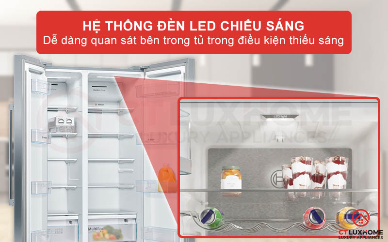Bên trong khoang tủ lạnh KAN93VIFPG được trang bị thêm đèn LED chiếu sáng đồng đều