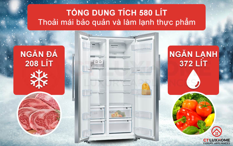 Tổng dung tích đến 580 lit cho bạn thoải mái bảo quản và làm lạnh thực phẩm