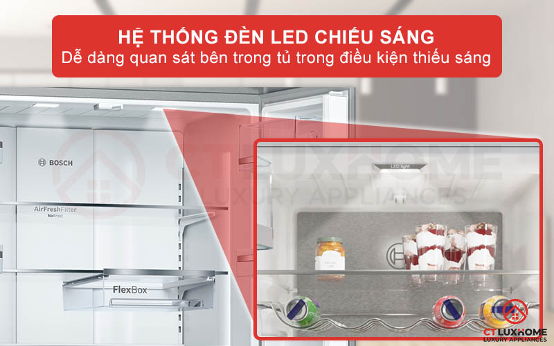 Khoang tủ lạnh KFN86AA76J được trang bị thêm đèn LED chiếu sáng đồng đều