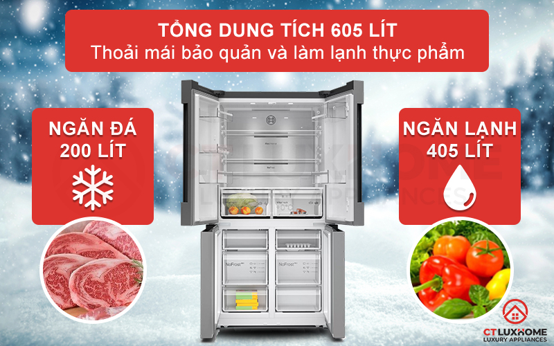 Tổng dung tích lên đến 605 lít cho bạn thoải mái bảo quản và làm lạnh thực phẩm