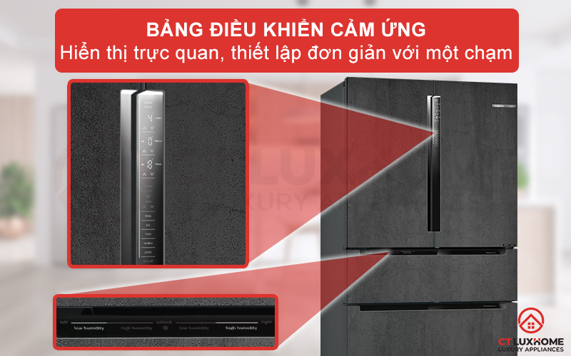 Tủ lạnh Bosch KFN96PX91I Serie 8 được trang bị 2 bảng điều khiển cảm ứng một chạm với thiết kế tối giản