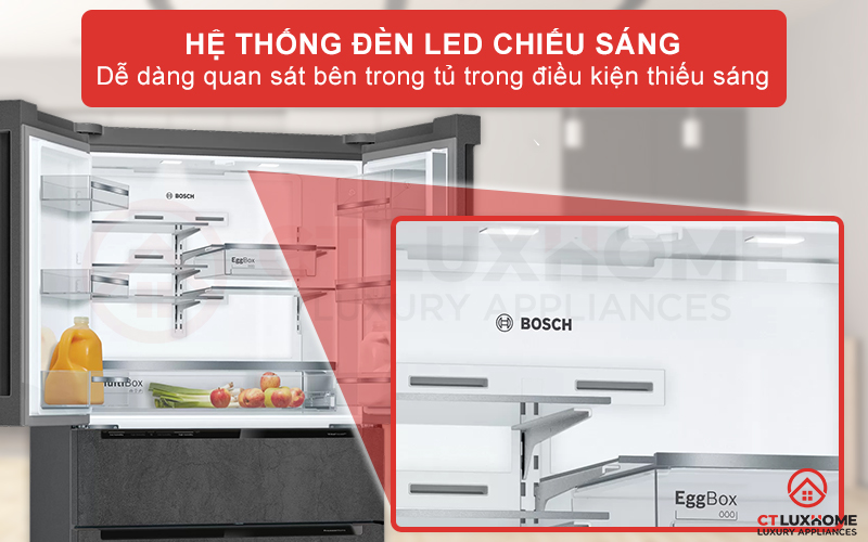 Bên trong khoang tủ được trang bị thêm đèn LED chiếu sáng đồng đều khắp khoang tủ