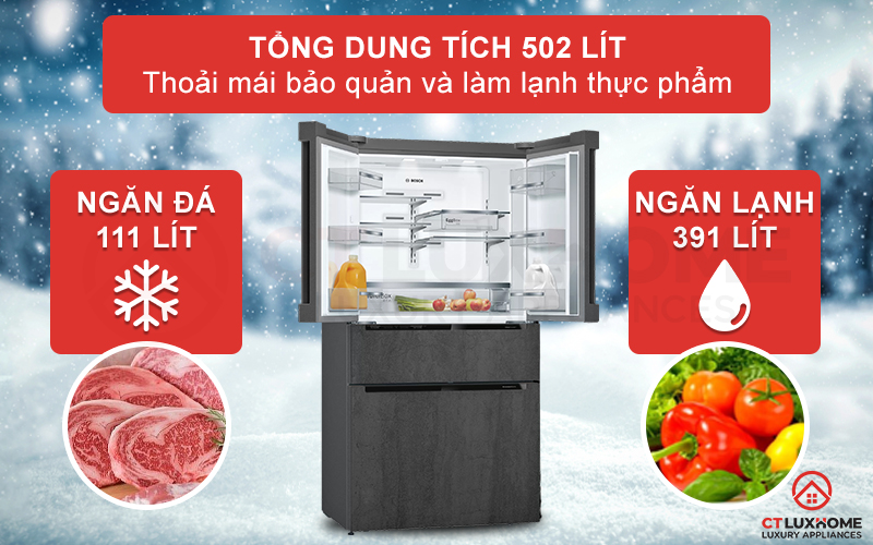 Tủ lạnh Bosch KFN96PX91I có dung tích chứa đến 502 lít